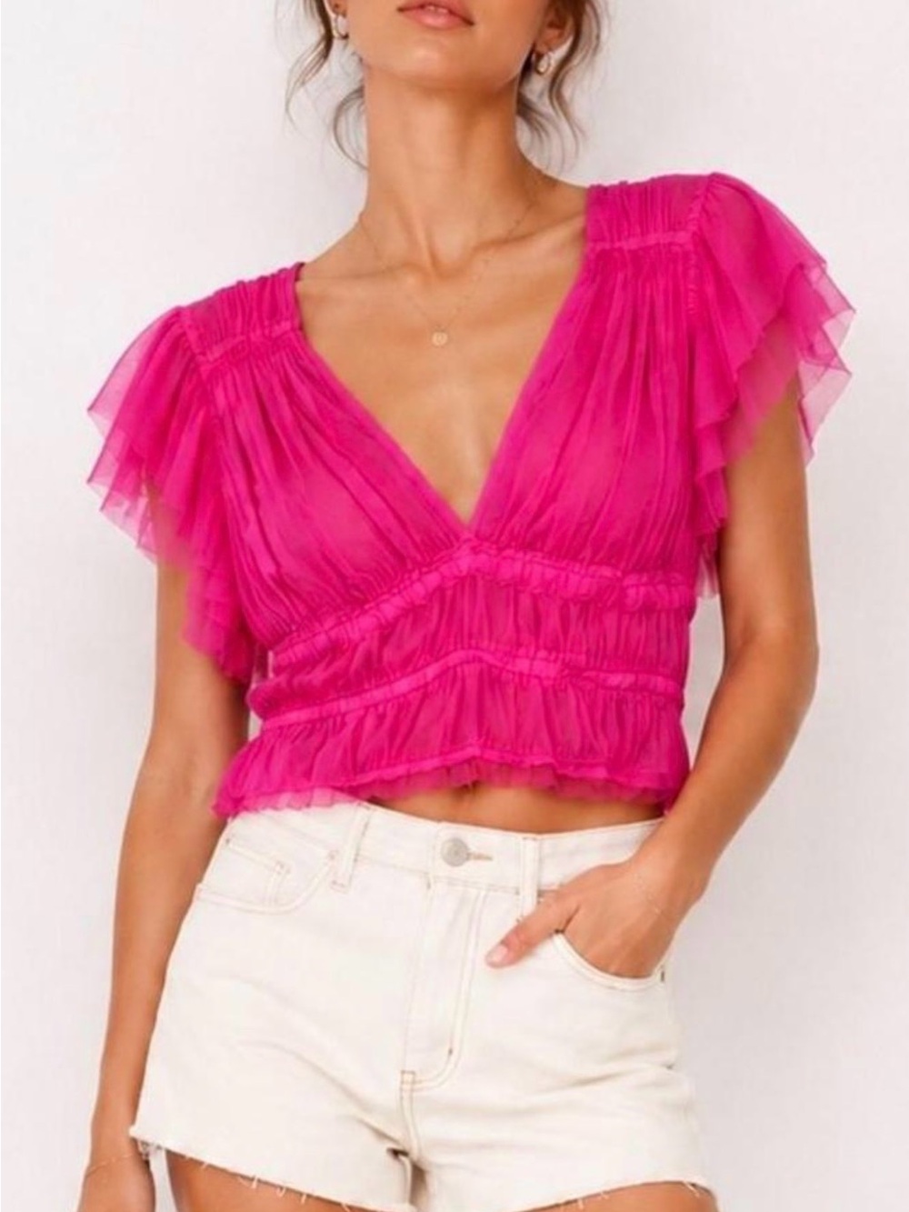 Free People Hot Pink Ruffled V-Neck Crop Top